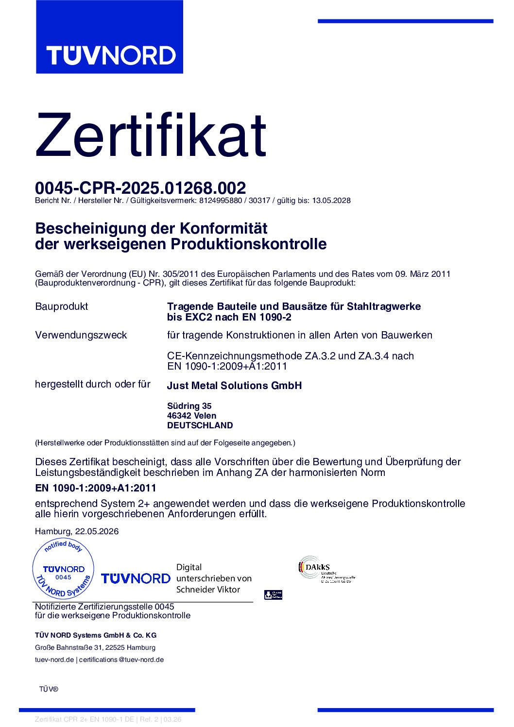 EN1090 - Just Metal Solutions GmbH - 05.2026