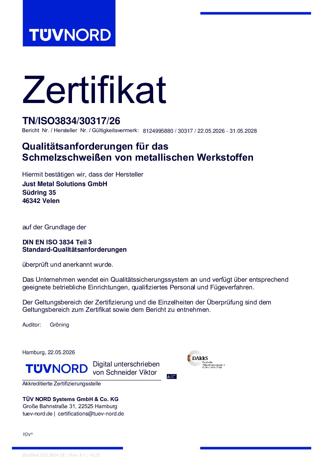 ISO 3834 - Just Metal Solutions GmbH - 05.2026